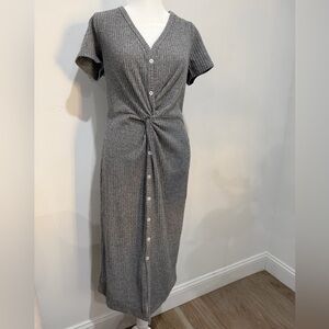 Venus Size L Dress Gray Midi Brushed Knit Mock Button Up Rib Knot Close Fit